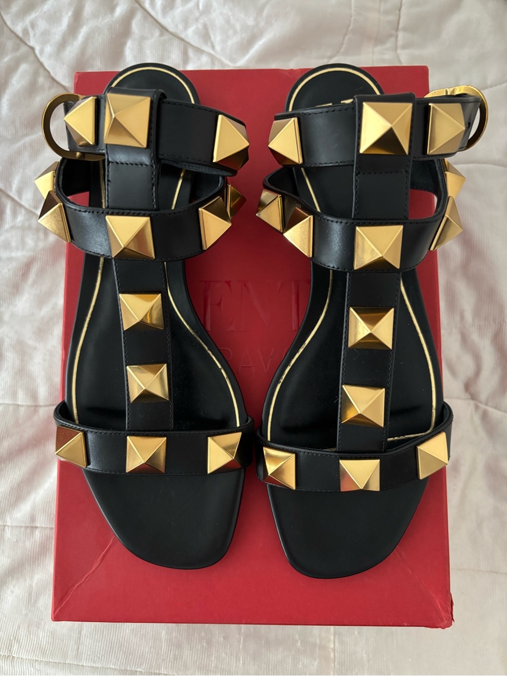 Valentino Black Studded Leather Sandals with Gold Pyramid Accents